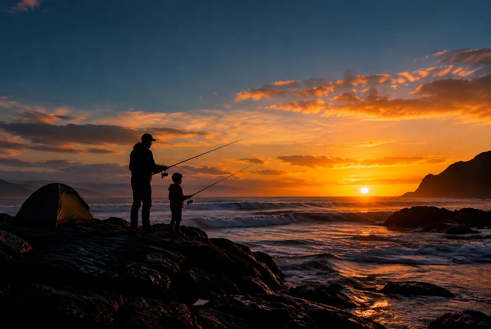 Silhouette of a father and son fishing from coastal rocks at sunset beside a tent
