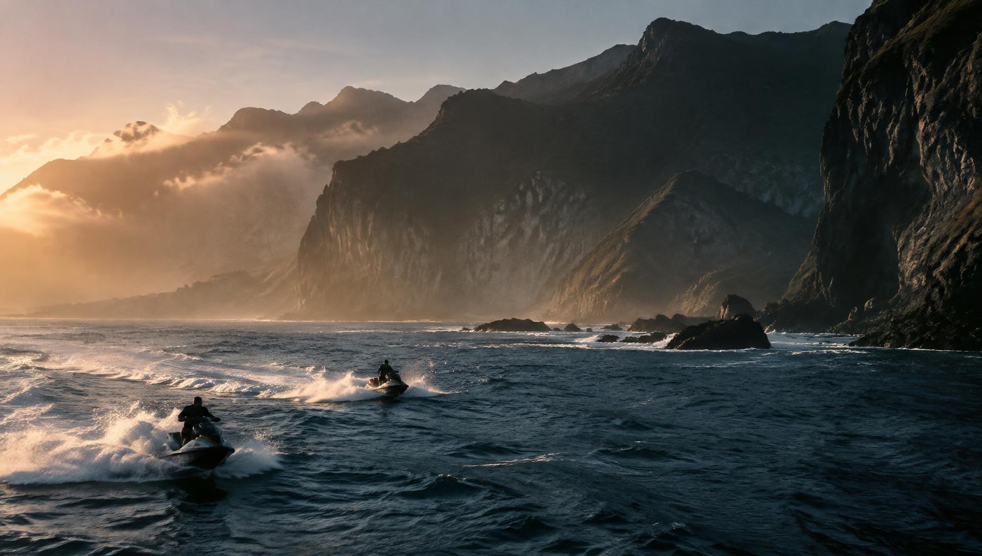Two jet skis running along a dramatic misty New Zealand coastline at first light